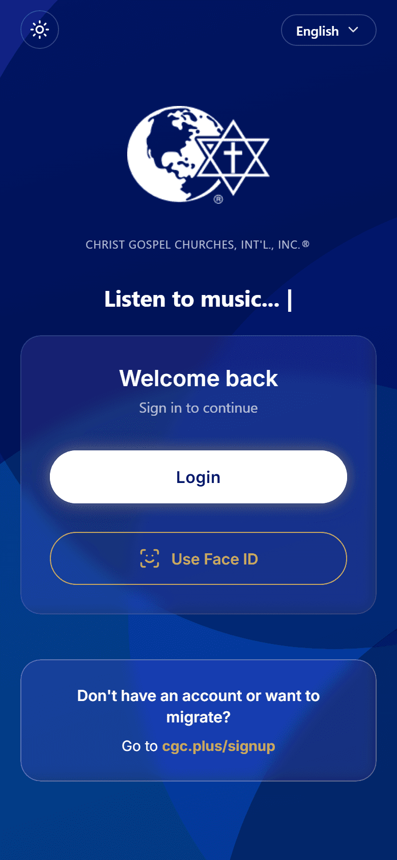 The CGC app welcome screen with the Login button and, under it, the Use Face ID button.