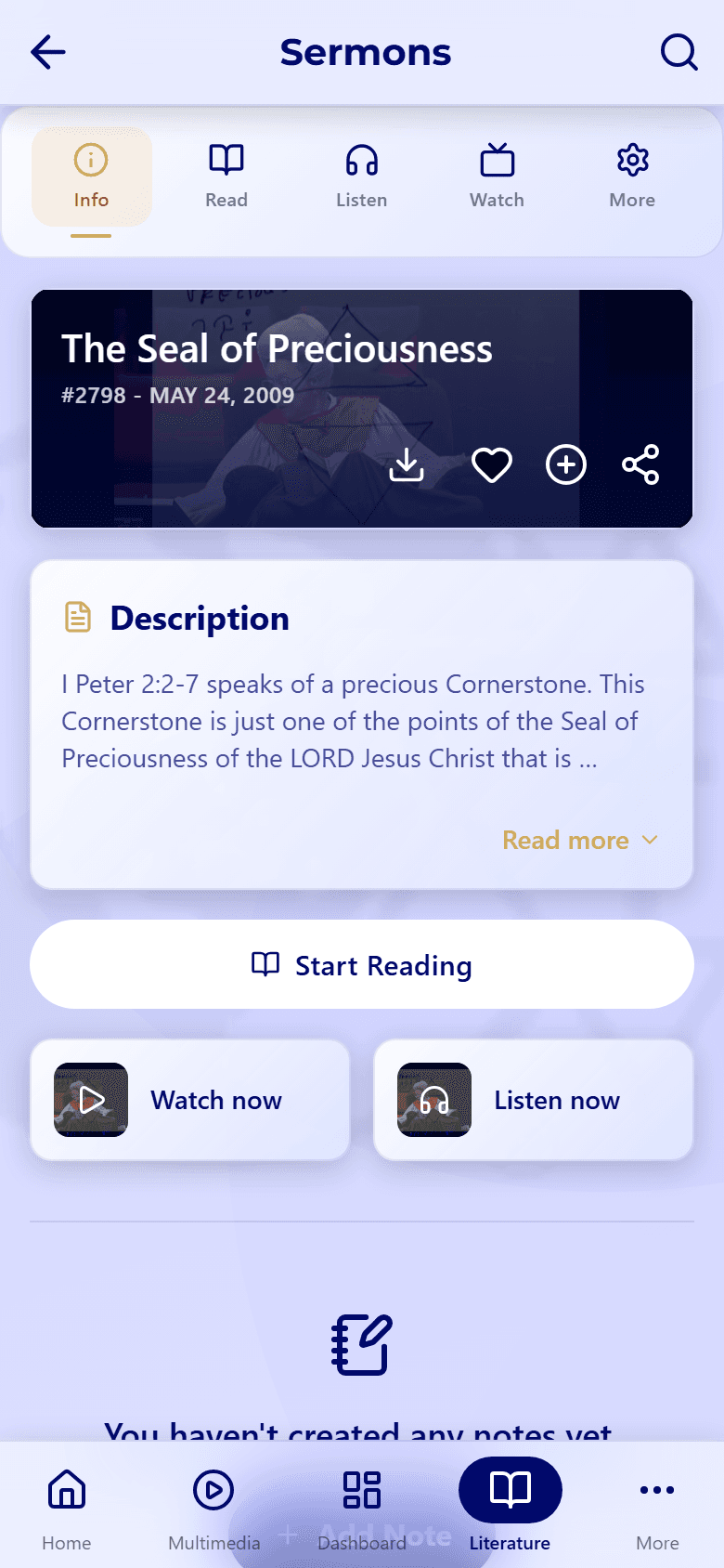 A sermon in the CGC app, with the download icon on the cover next to the heart, above the Watch and Listen buttons.