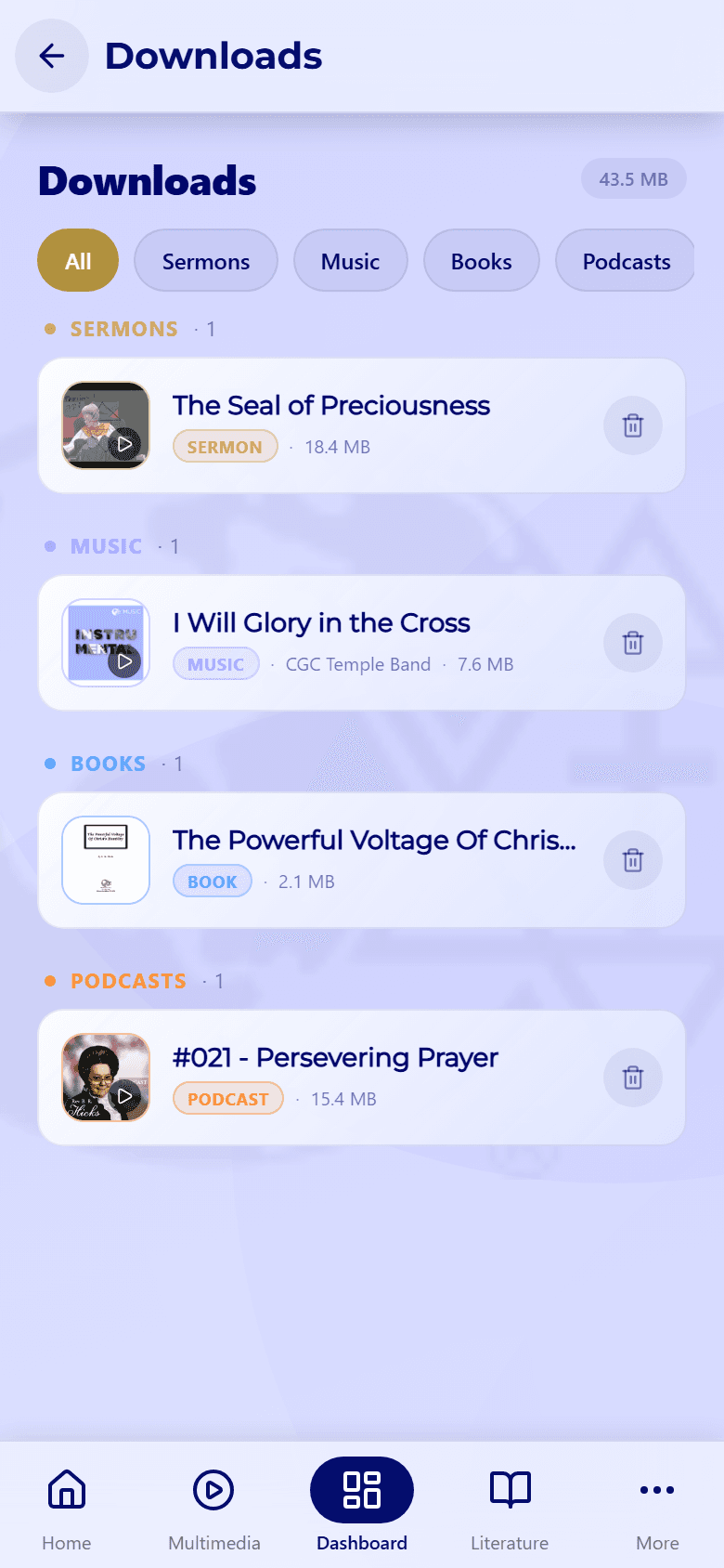 The Downloads screen with 43.5 MB used, the All, Sermons, Music, Books, and Podcasts chips, and downloads grouped by type, each with a trash icon.