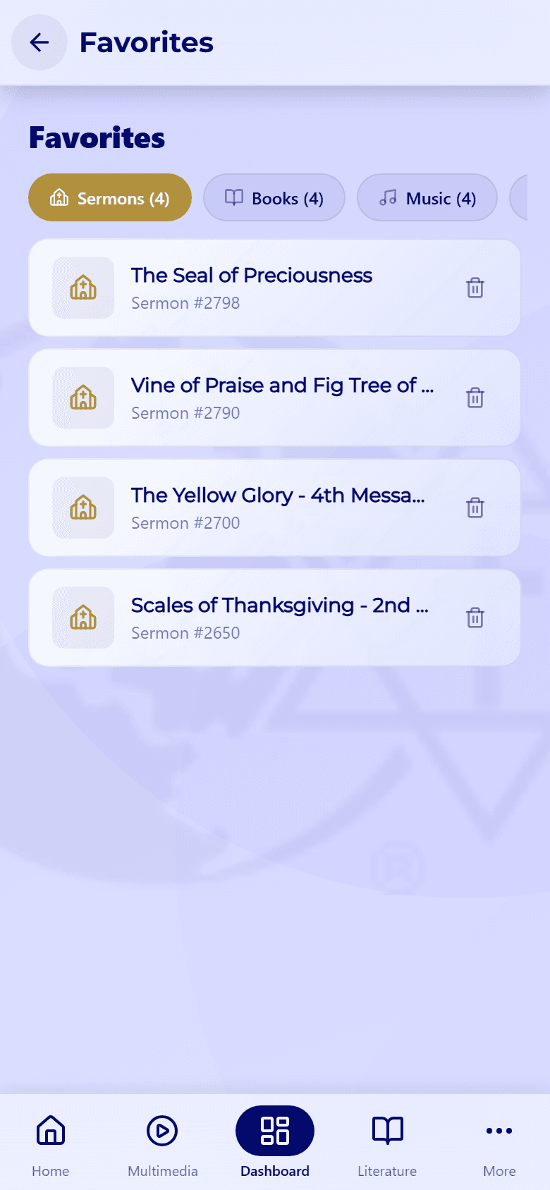 The Favorites screen on the Sermons tab, listing four favorite sermons, each with a trash icon.