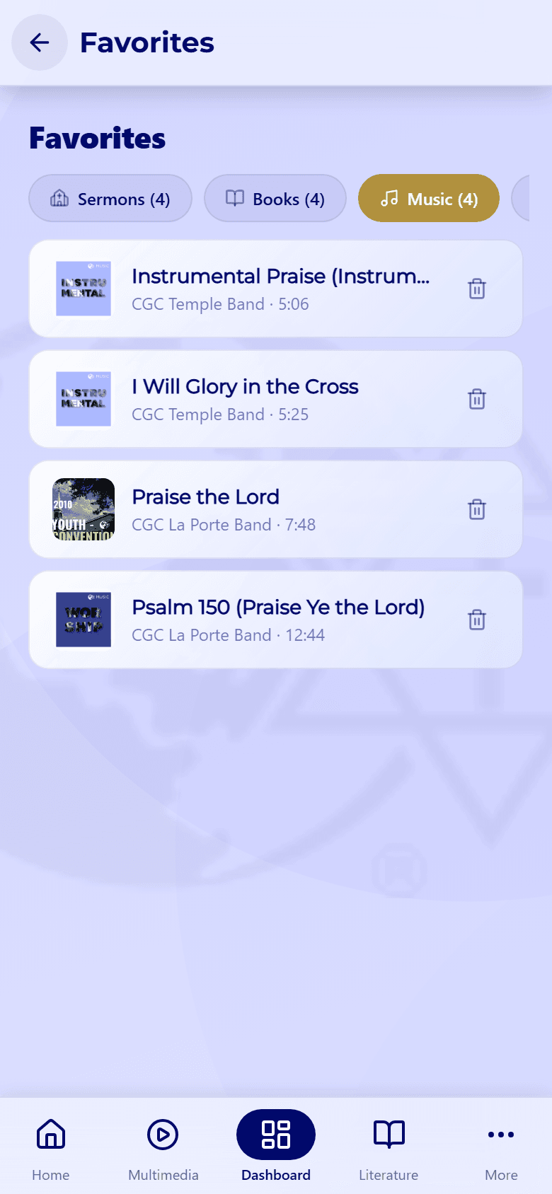 The Favorites screen on the Music tab, listing four favorite songs with their artist and length, each with a trash icon.