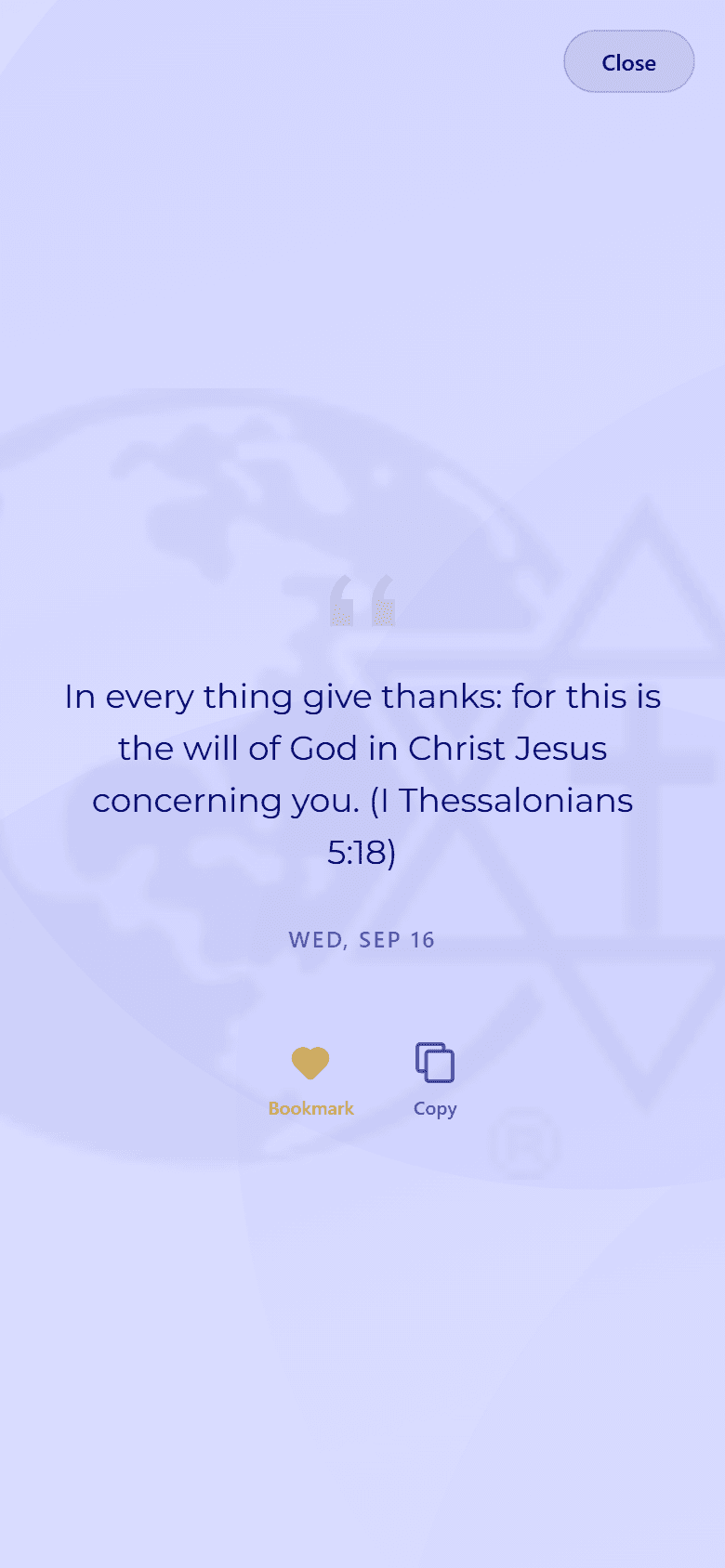 A saved Quote of the Day open full screen, with its date and the Bookmark and Copy buttons.