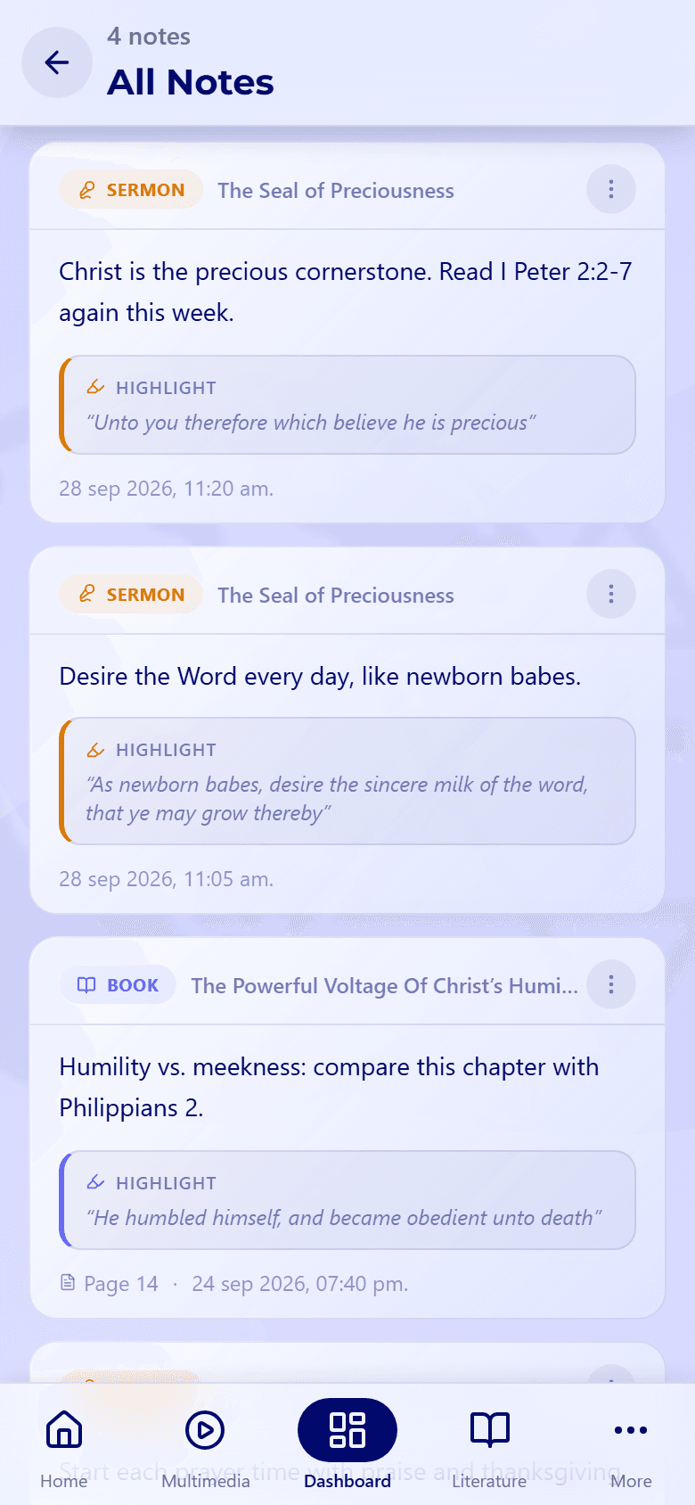 All Notes, listing every note from sermons and books with its highlight, page, and date.