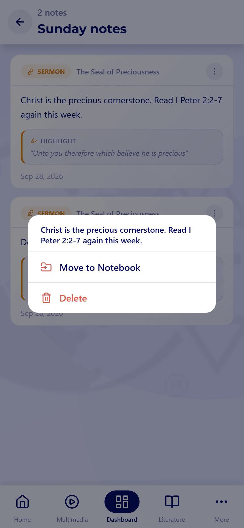 A note's menu open, with Move to Notebook and Delete.
