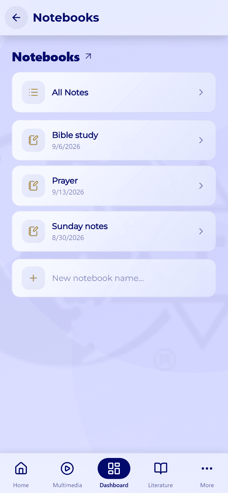 The Notebooks screen: All Notes, Bible study, Prayer, and Sunday notes, with a New notebook name field at the bottom.
