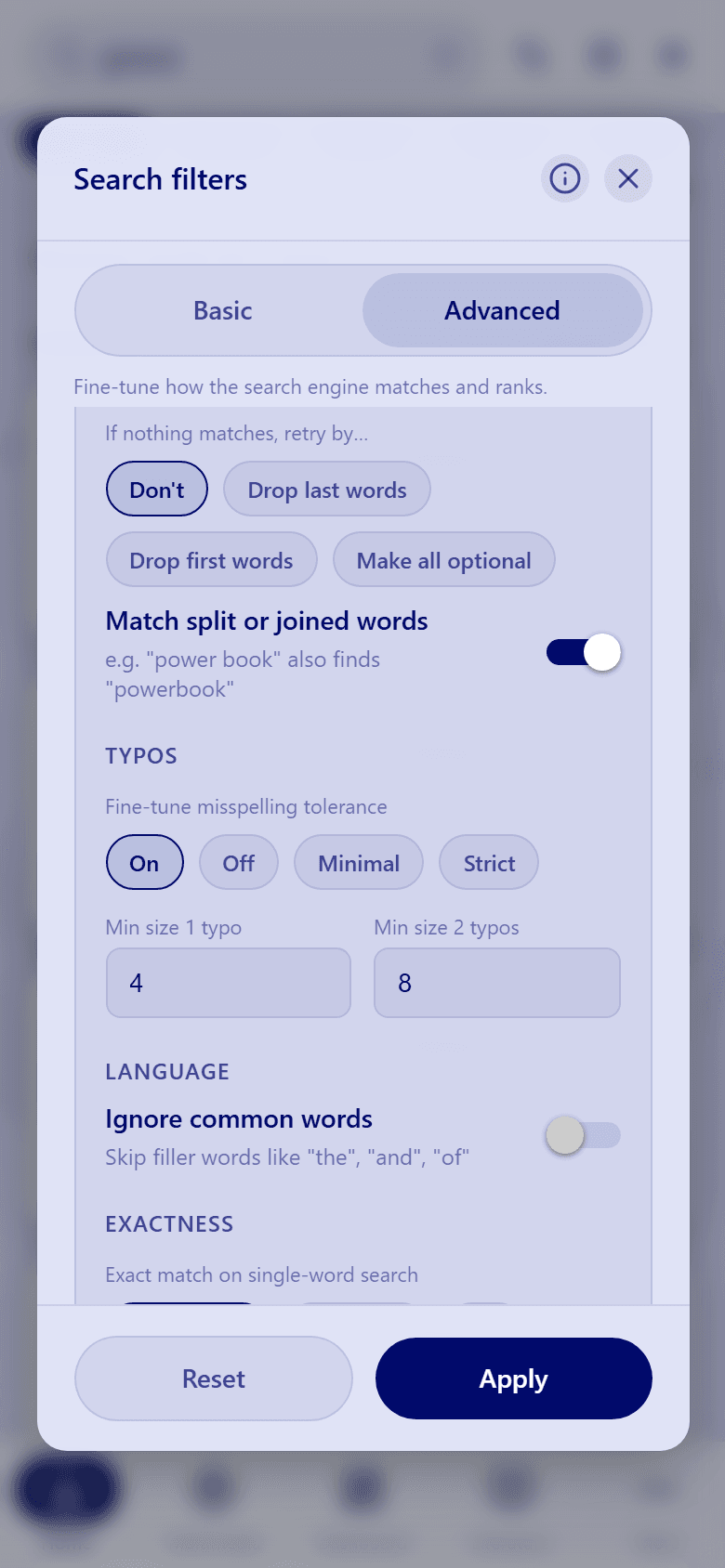 The Matching settings: If nothing matches retry by, Match split or joined words, Typos with minimum word sizes, and Ignore common words.