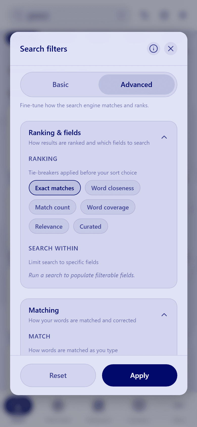 The Advanced tab of Search filters, showing the Ranking & fields section with the ranking options and Search within.