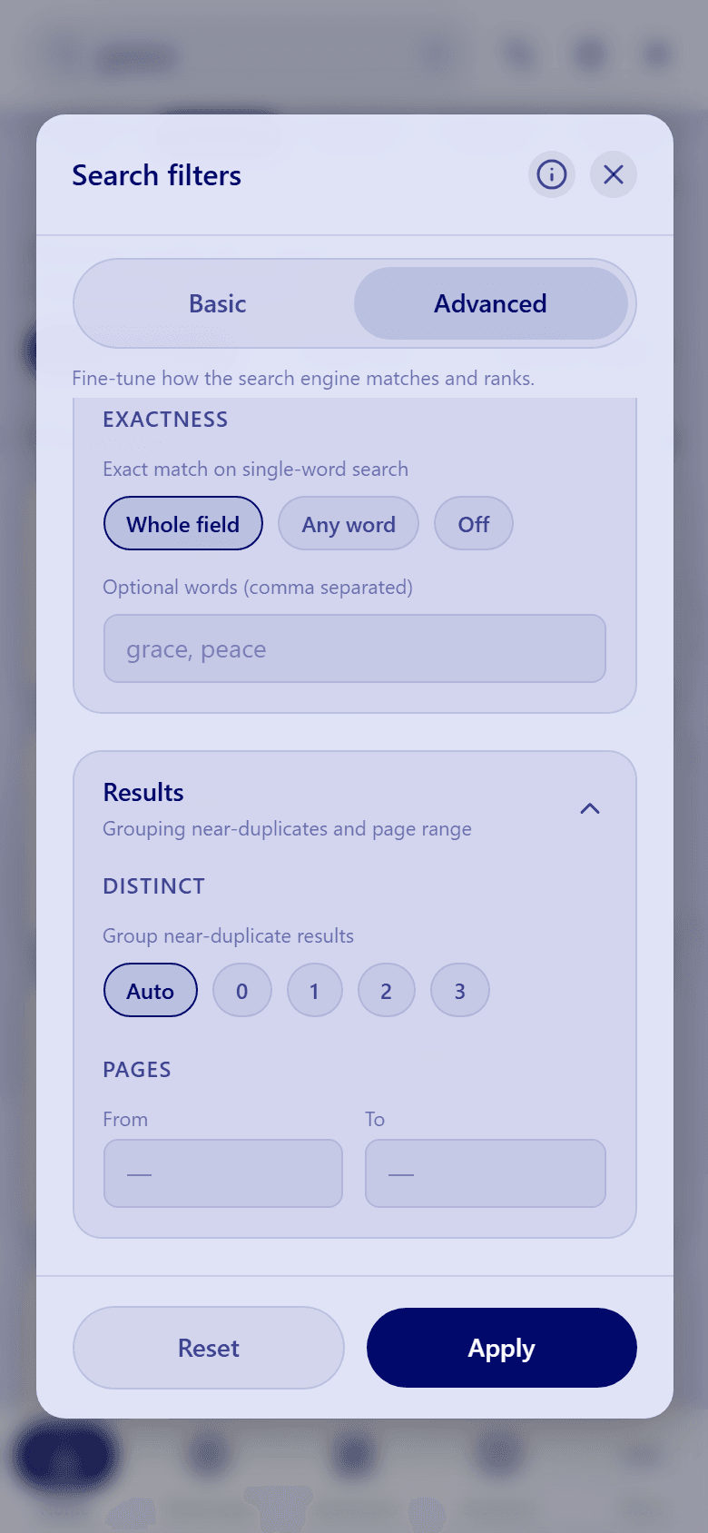 The Exactness and optional words settings, and the Results section with Distinct and a From–To page range.