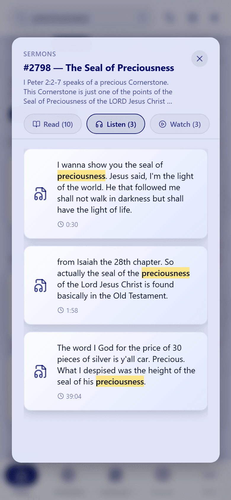 The Listen tab of View Hits, with three audio matches for "preciousness" and the time each one is said: 0:30, 1:58, and 29:04.