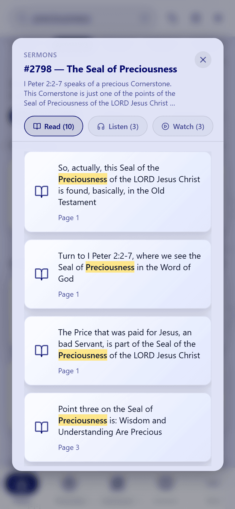 The View Hits panel for sermon #2798, The Seal of Preciousness, with Read (10), Listen (3), and Watch (3) tabs and text matches with page numbers.