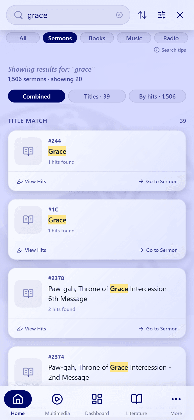 The Sermons tab for "grace": the Combined, Titles · 39, and By hits · 1,506 buttons above sermon cards showing the number, title, and hits found.