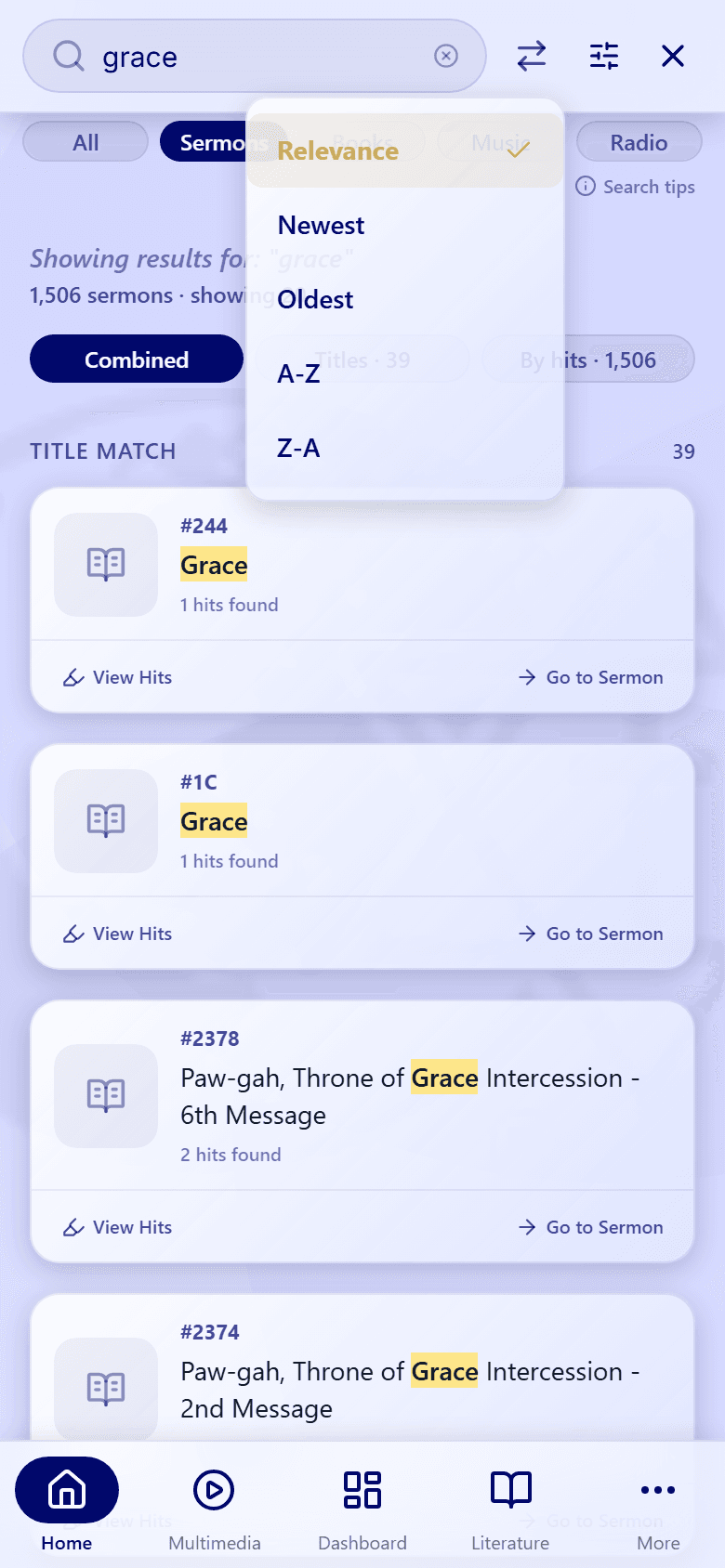 The sort menu open next to the search bar, with Relevance checked and Newest, Oldest, A-Z, and Z-A below it.