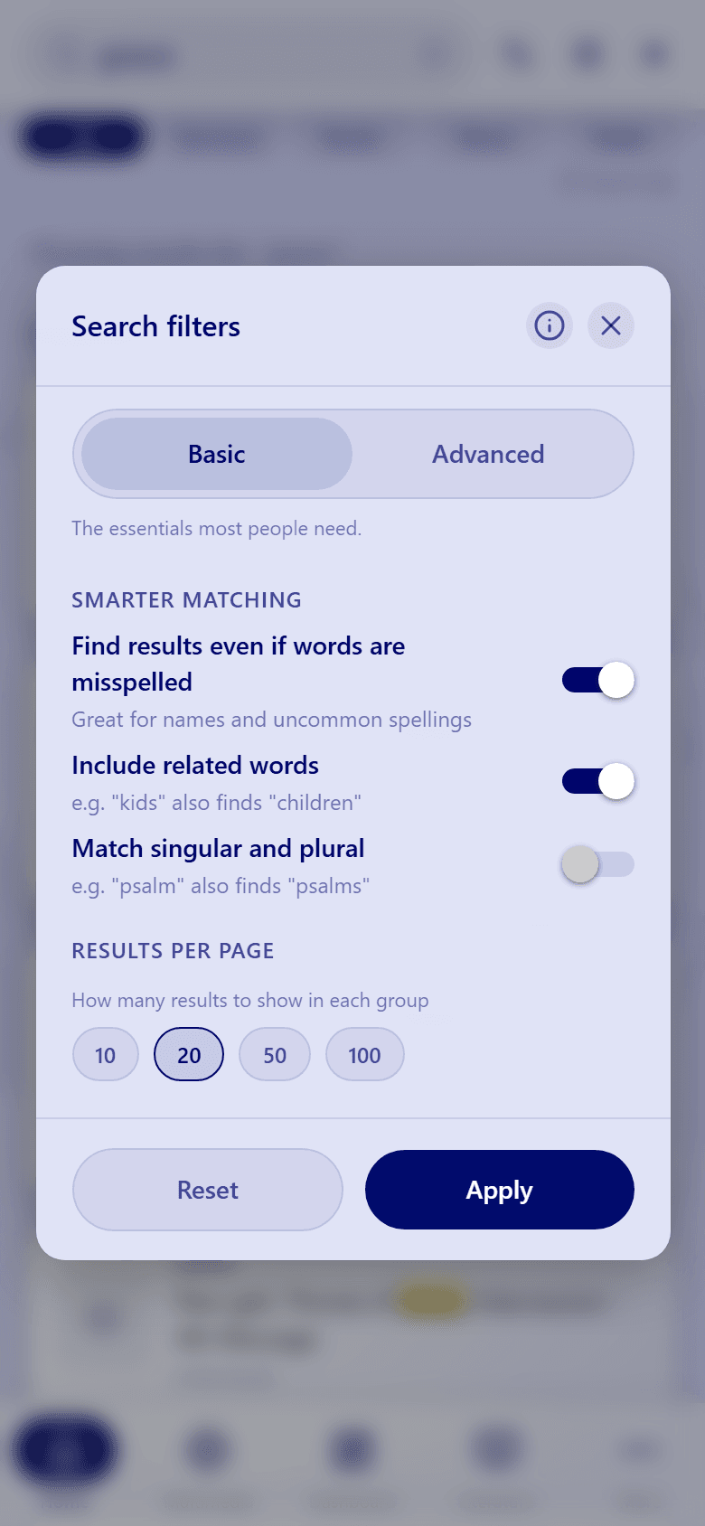 The Search filters panel on the Basic tab, with the misspelling, related words, and singular and plural switches, and Results per page set to 20.