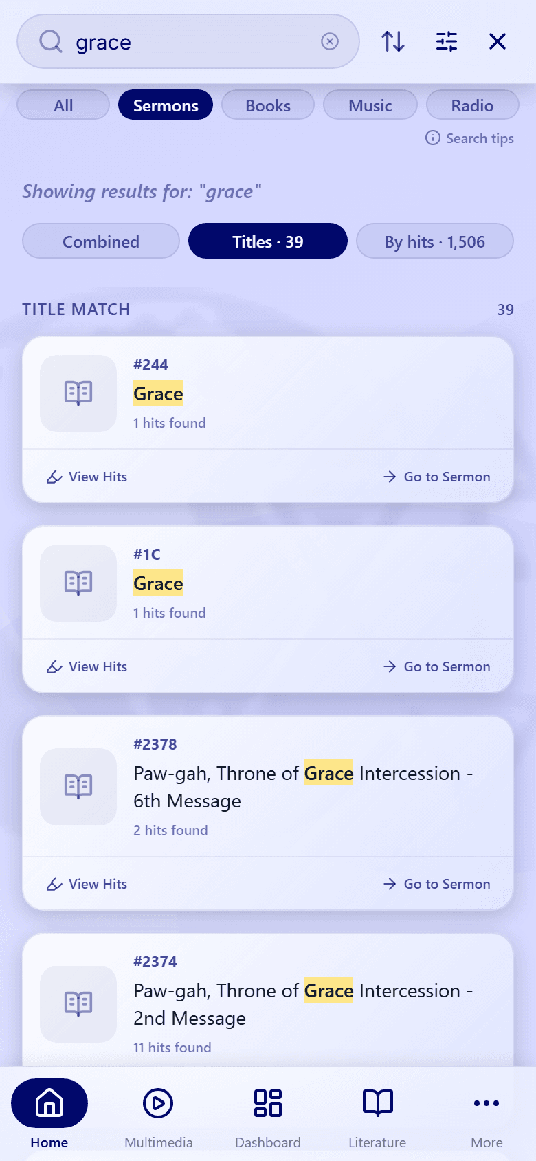 The Titles · 39 button selected on the Sermons tab, listing only sermons with "grace" in the title.