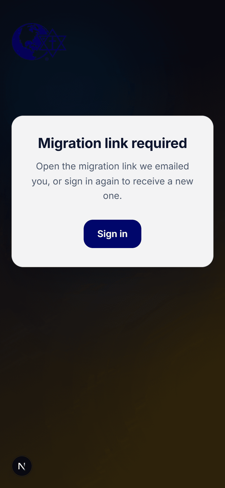 The Christ Gospel Church subscriptions site, showing a "Migration link required" panel that explains you need to open the migration link emailed to you or sign in again to get a new one, with a Sign in button.