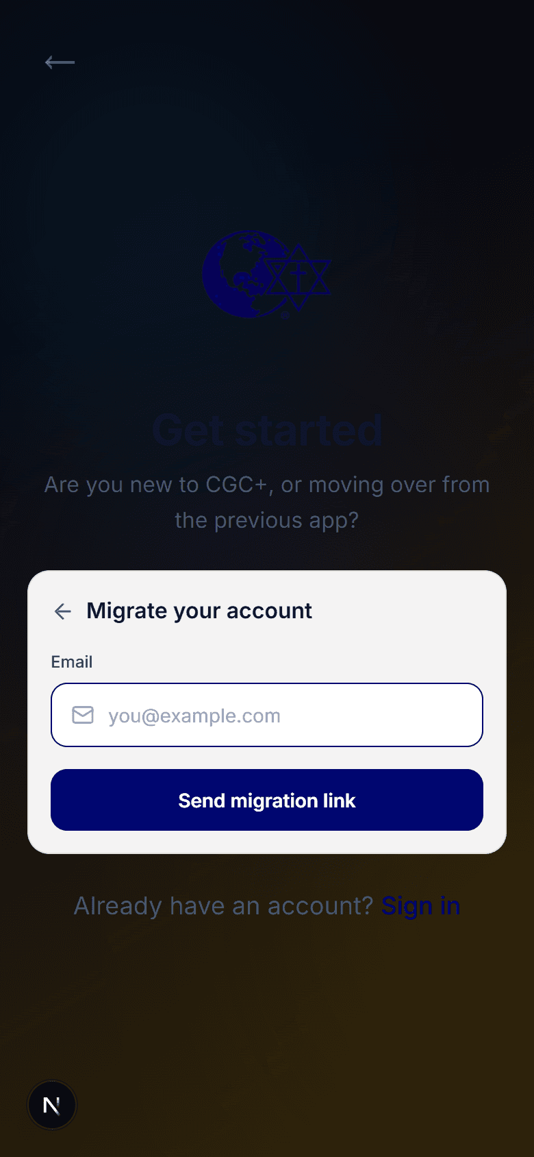 The Christ Gospel Church subscriptions site sign-up screen showing the "Migrate your account" panel, with an Email field and a "Send migration link" button, plus a "Sign in" link for users who already have an account.