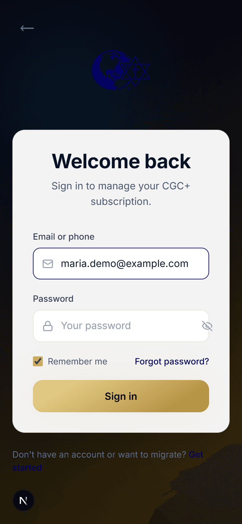 The Christ Gospel Church subscriptions site sign-in page, showing the Email or phone field filled in with a demo address, an empty Password field, and the Sign in button, with a "Don't have an account or want to migrate? Get started" link below the card.