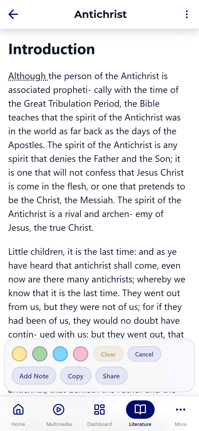 The Christ Gospel Church app book reader screen for "Antichrist," showing a word selected in the introduction text and the highlight toolbar docked near the bottom with yellow, green, blue, and pink color swatches, plus Clear, Cancel, Add Note, Copy, and Share buttons.