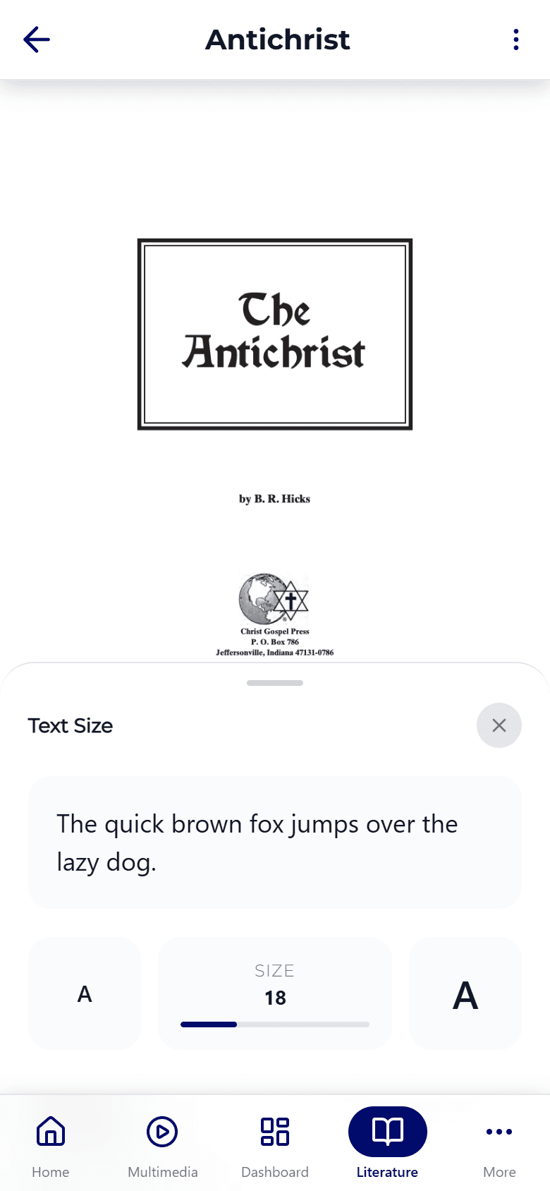 The Christ Gospel Church app book reader showing the title page for "The Antichrist" by B. R. Hicks, with the Text Size bottom sheet open over it displaying a sample sentence, small and large A buttons, and a Size slider set to 18.