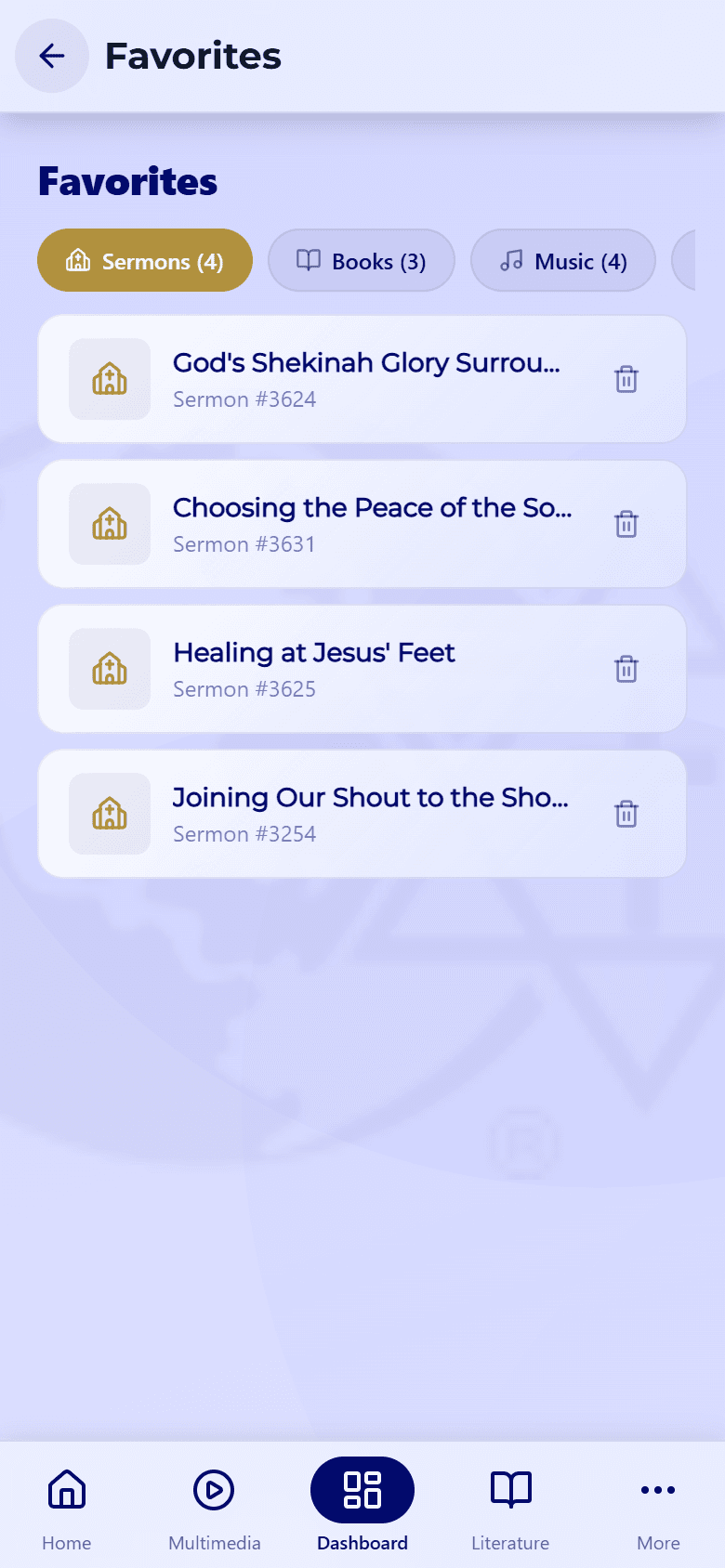 The Christ Gospel Church app Favorites screen with the Sermons tab selected, listing four saved sermons such as "Healing at Jesus' Feet" and "Choosing the Peace of the So...", each with a delete (trash) icon.