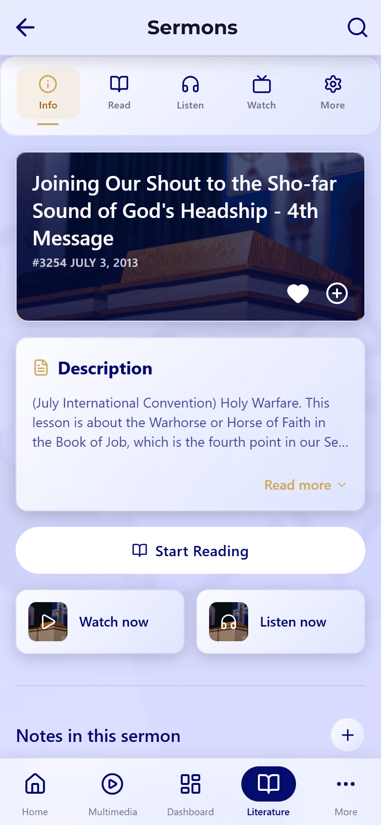 The Christ Gospel Church app sermon detail screen, showing the Info, Read, Listen, Watch, and More tabs, the sermon hero card with title and date, and the Start Reading, Watch now, and Listen now buttons.