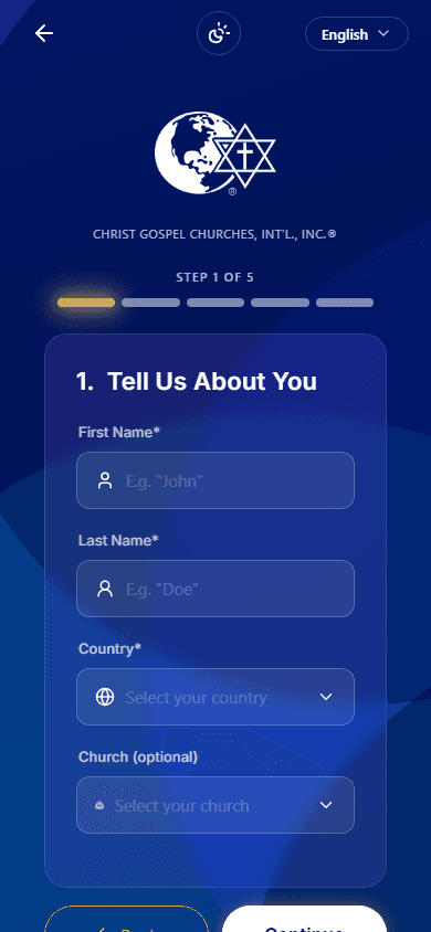 The Christ Gospel Church app sign-up wizard, step 1 of 5, showing the First name, Last name, Country, and optional Church fields for creating your account.