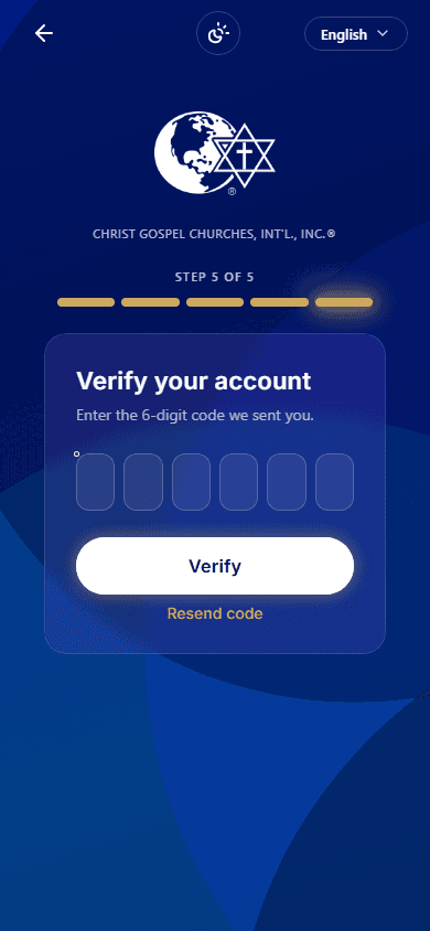 The Christ Gospel Church app sign-up wizard, step 5 of 5, showing the six empty boxes for the 6-digit verification code with the Verify button and a Resend code link.
