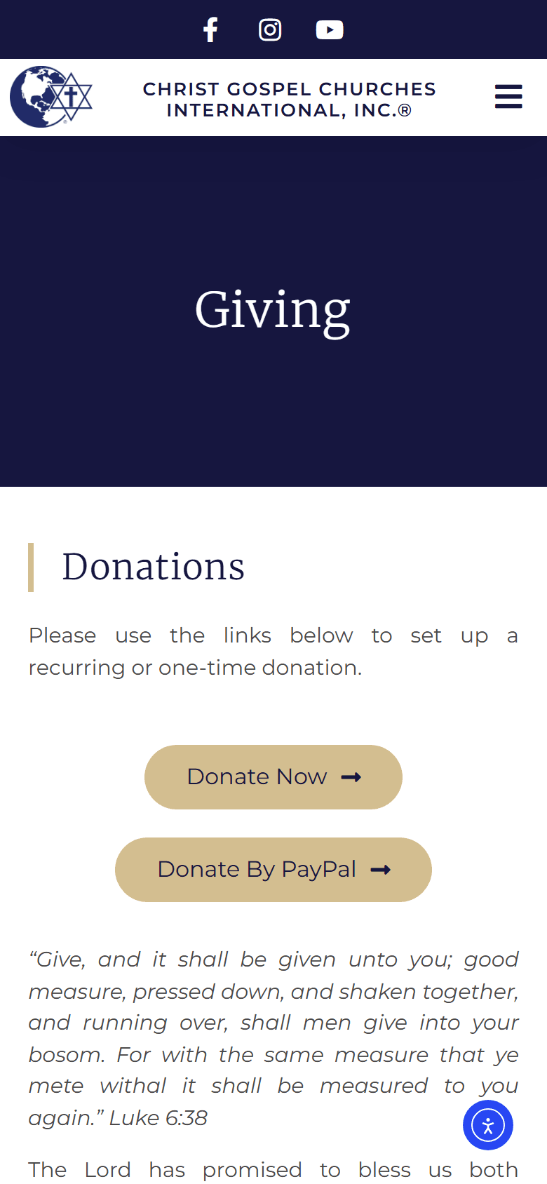 The Giving page on christgospel.org, with the Donations heading and the Donate Now and Donate By PayPal buttons.