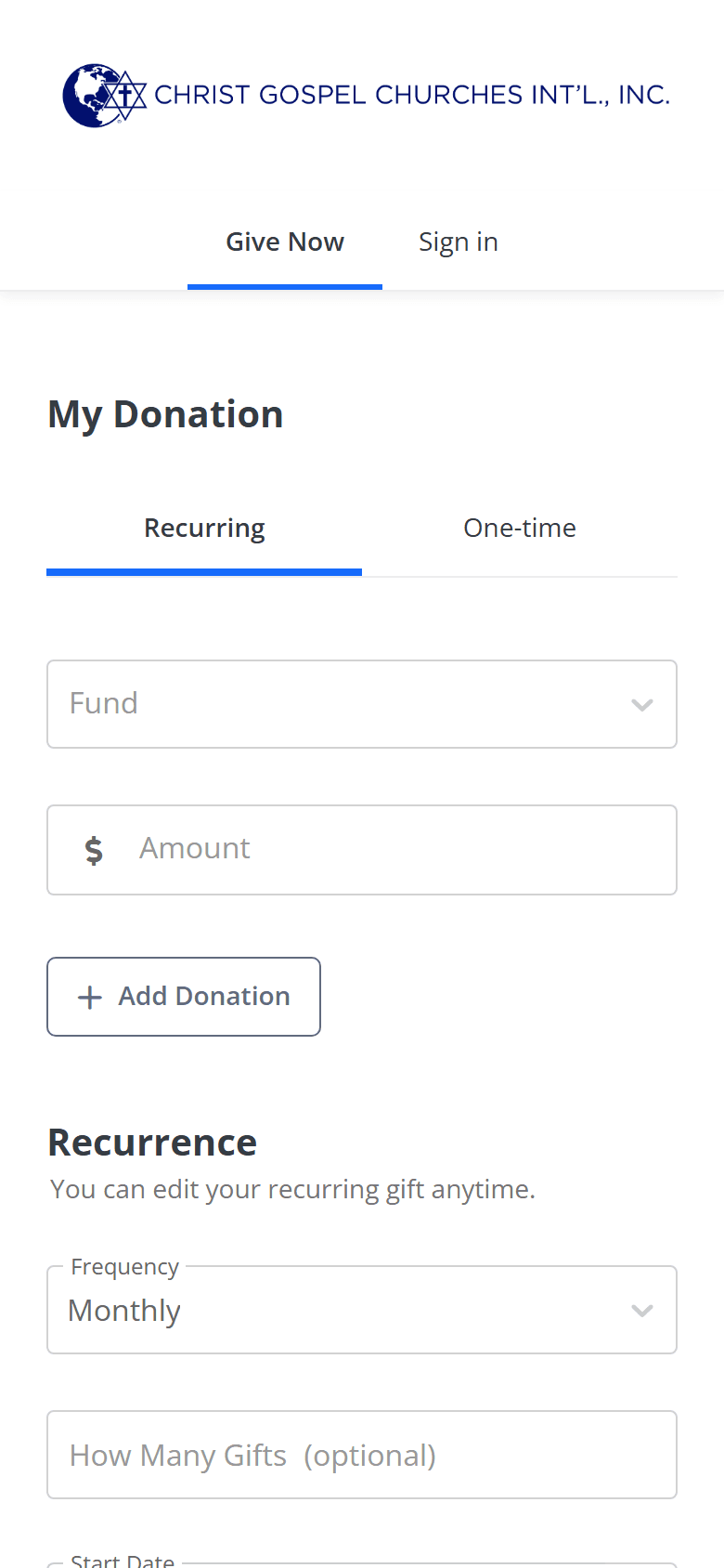 The online giving form with Recurring selected under My Donation, the Fund and Amount fields, + Add Donation, and Frequency set to Monthly.