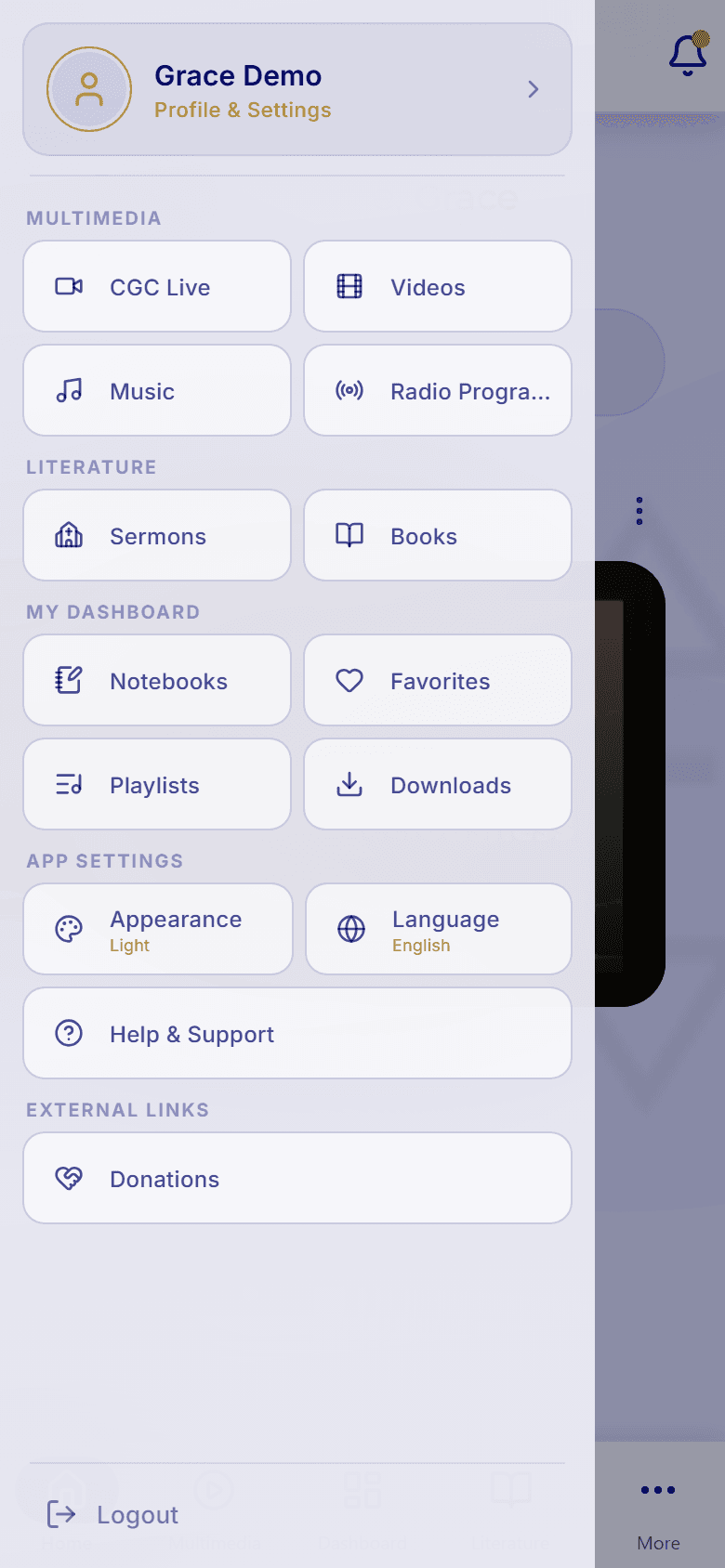 The CGC app menu open over Home, with the External Links section at the bottom showing the Donations tile.