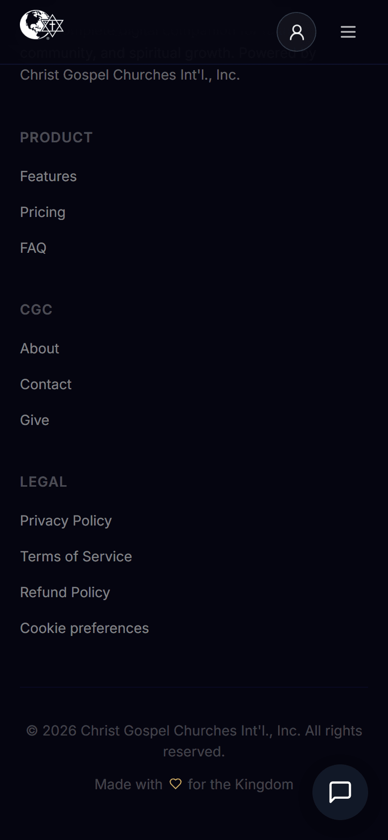 The footer of www.cgc.plus, with the Give link under CGC, between Contact and the Legal links.