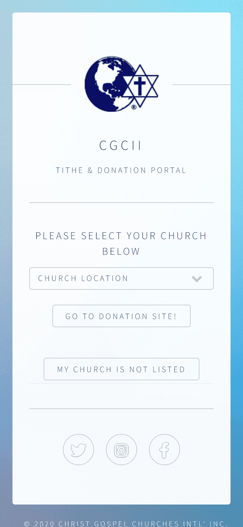 The CGCII Tithe & Donation Portal, with the Church Location list, the Go To Donation Site! button, and the My Church Is Not Listed button.