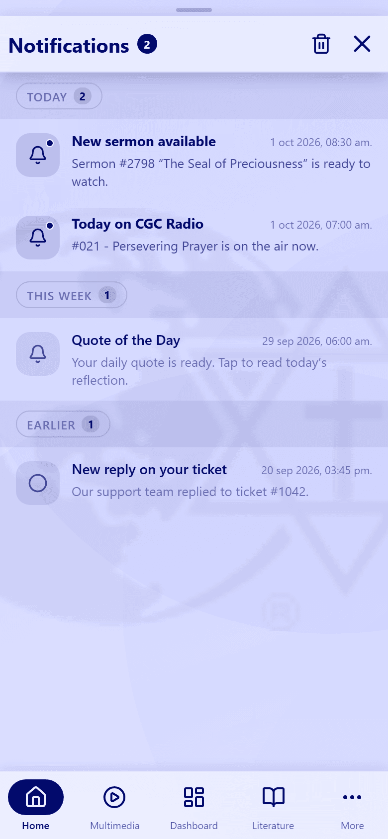 The Notifications screen, grouped into Today, This week, and Earlier, with a delete-all icon at the top.
