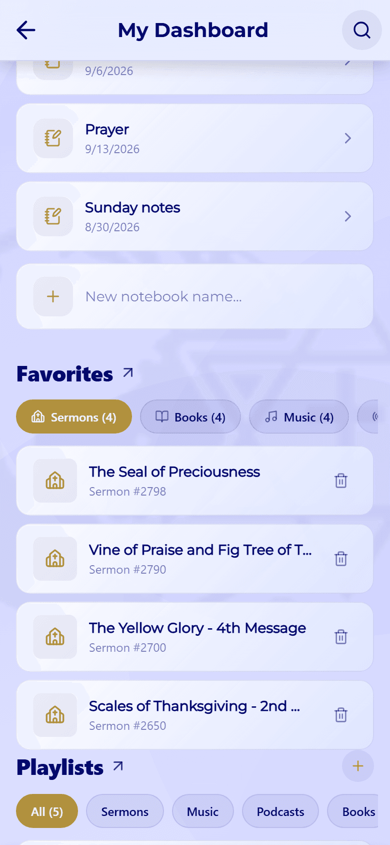 Further down My Dashboard: the Favorites section with Sermons, Books, and Music chips, and the Playlists section below it.
