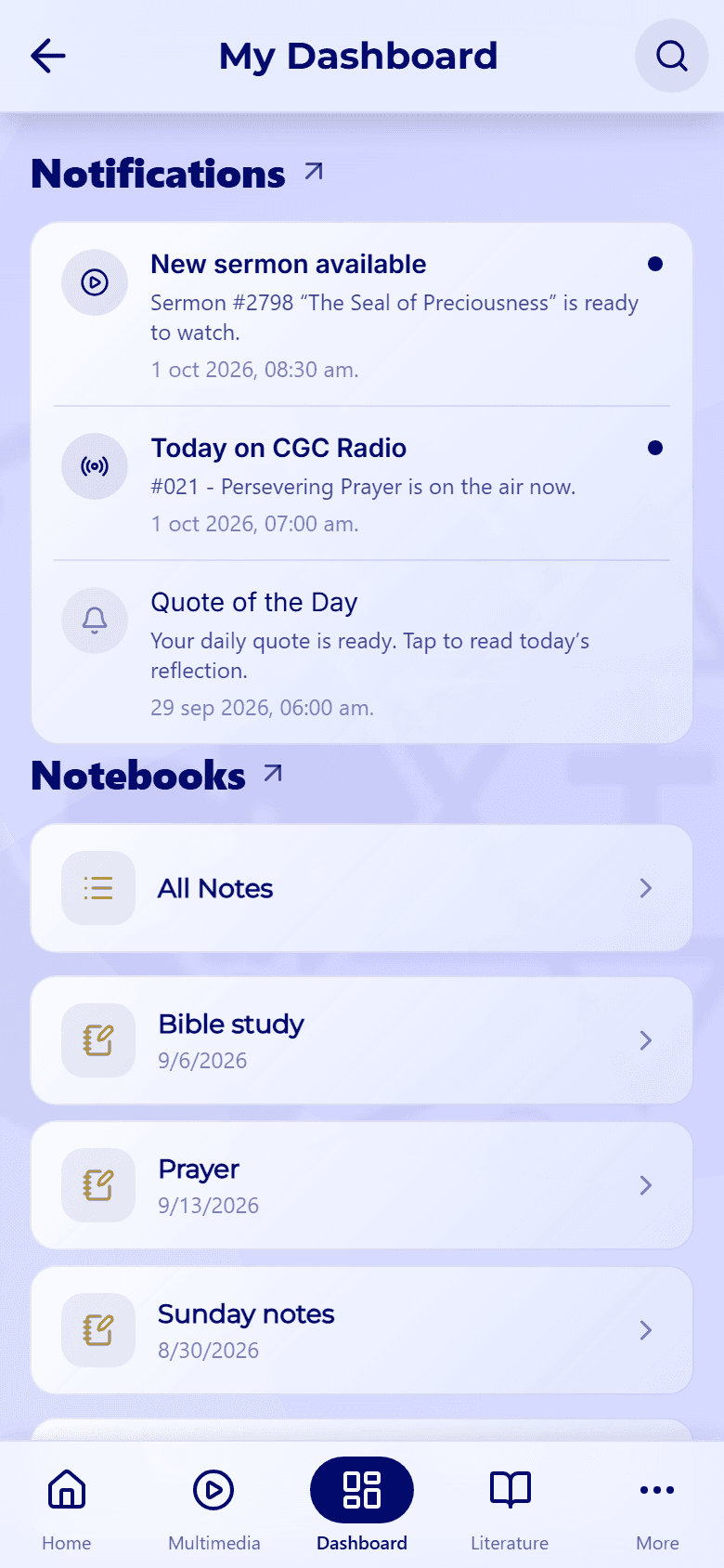 The My Dashboard screen, with the Notifications preview above the Notebooks list: All Notes, Bible study, Prayer, and Sunday notes.