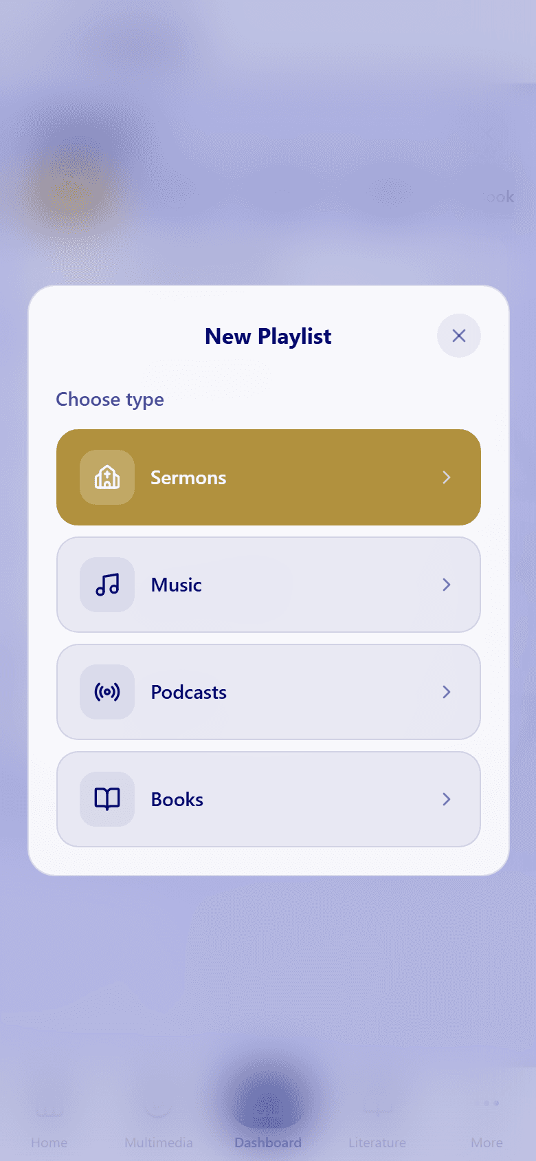 The New Playlist window asking you to choose a type: Sermons, Music, Podcasts, or Books.