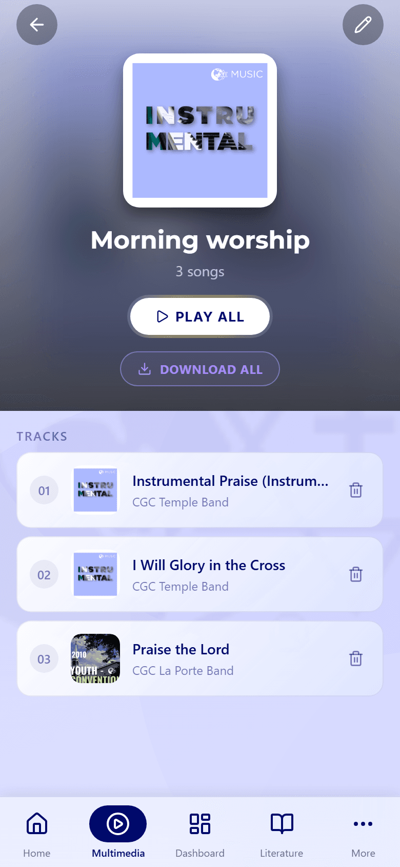 The Morning worship music playlist, with Play All, Download All, an edit pencil, and three tracks with trash icons.