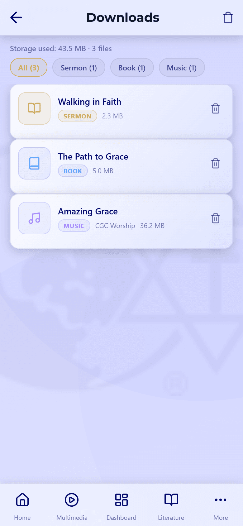 The Christ Gospel Church app Downloads screen, showing "Storage used: 43.5 MB · 3 files," filter chips for All, Sermon, Book, and Music, and three downloaded items (Walking in Faith sermon, The Path to Grace book, and Amazing Grace music) each with a delete icon.