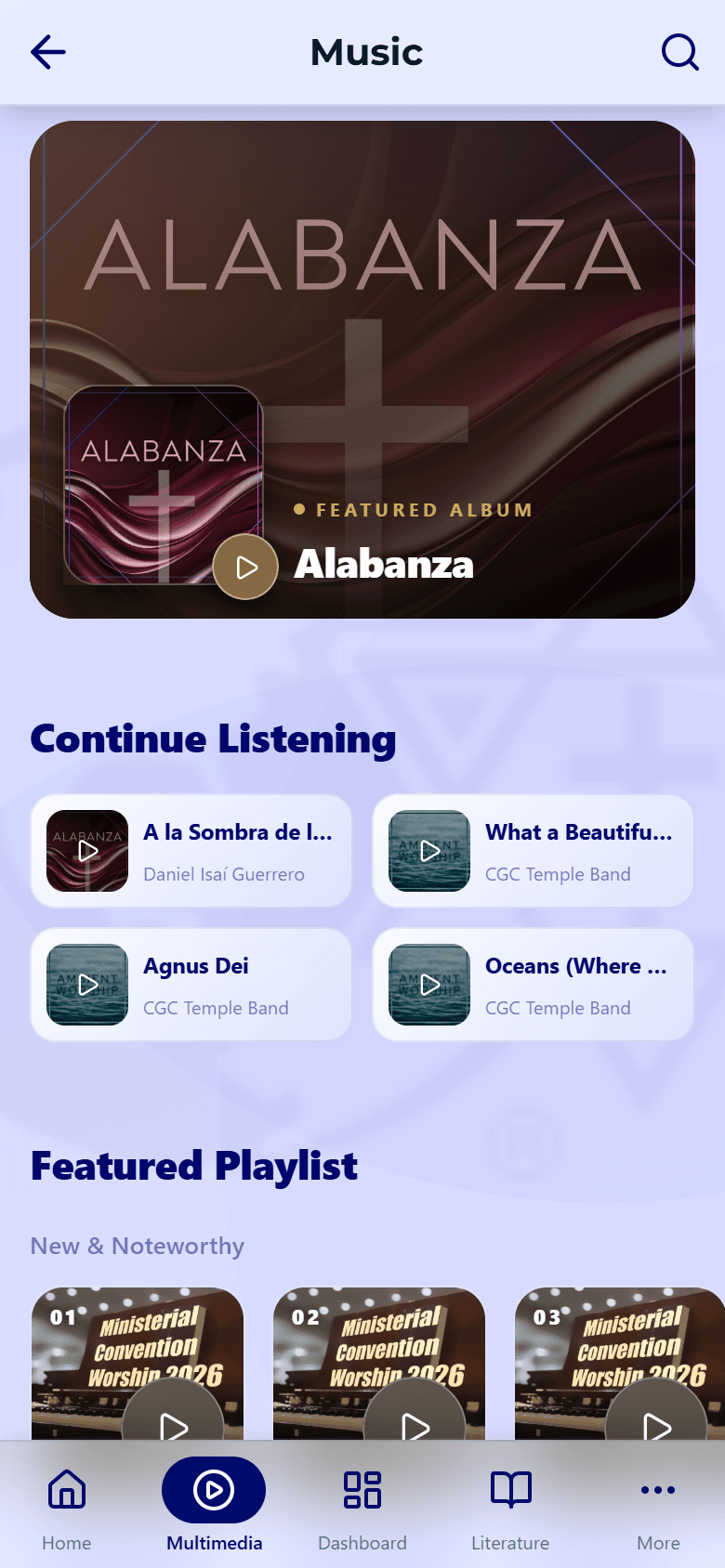 The Christ Gospel Church app Music screen scrolled to the Continue Listening section, showing four history cards with play buttons for "A la Sombra de l...", "What a Beautifu...", "Agnus Dei", and "Oceans (Where ...".