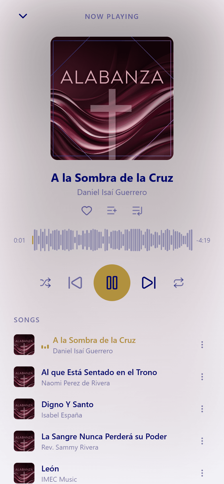 The Christ Gospel Church app Now Playing screen, showing the album artwork, song title "A la Sombra de la Cruz" with artist name, a waveform seeker with time labels, and the shuffle, previous, pause, next, and repeat controls, with a Songs list below.