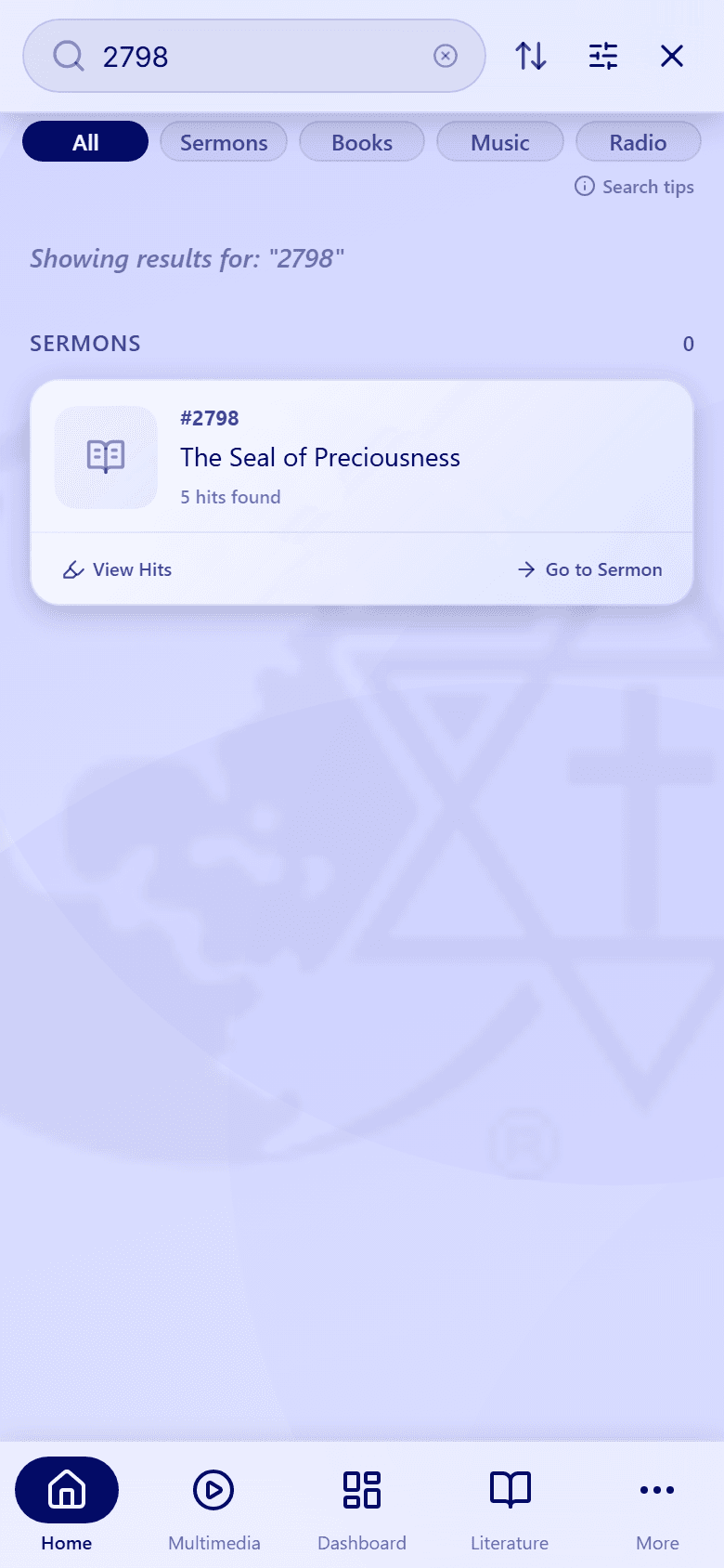 A search for 2798 on the All tab, finding sermon #2798, The Seal of Preciousness.