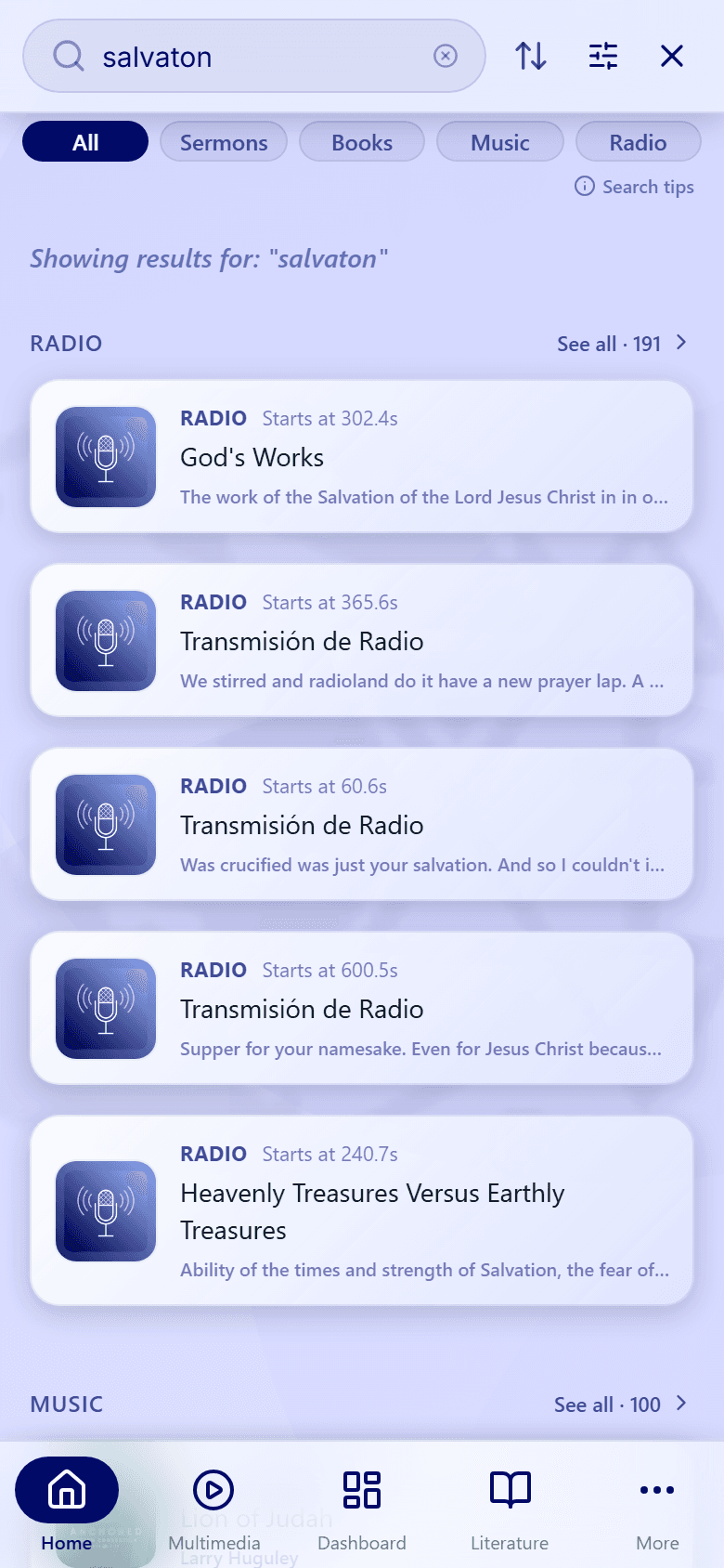 A search for the misspelled "salvaton" on the All tab, still showing radio results about salvation.