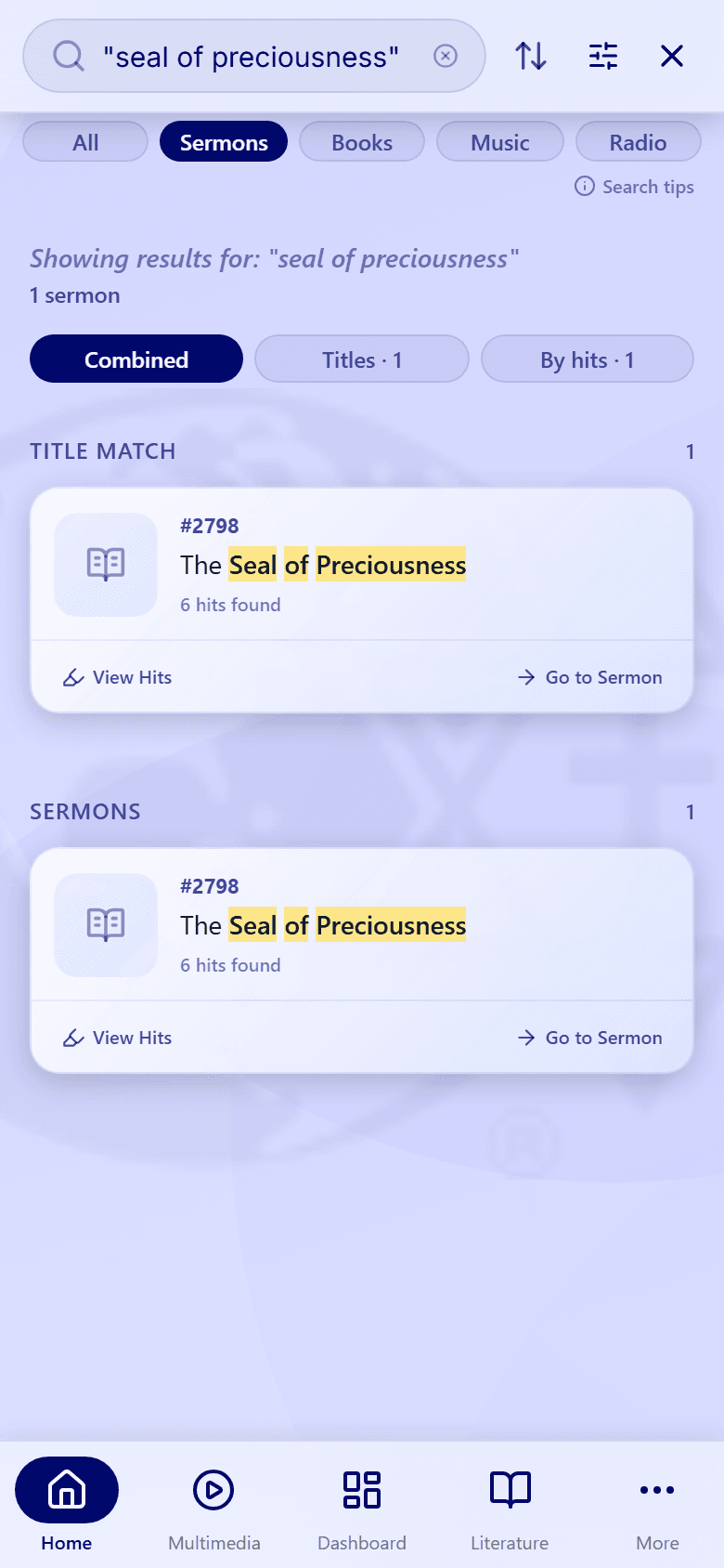 A search for "seal of preciousness" in quotation marks, showing one title match: sermon #2798, The Seal of Preciousness.