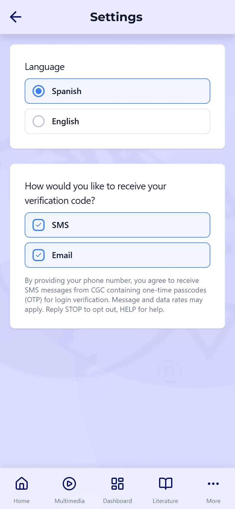 The Christ Gospel Church app Settings screen, showing the Language card with Spanish and English radio button rows (Spanish selected) and a second card asking how to receive your verification code, with SMS and Email checkboxes both checked.