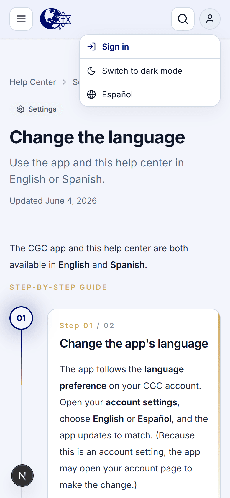The Christ Gospel Church help center "Change the language" article, with the account menu open showing Sign in, Switch to dark mode, and Español options.
