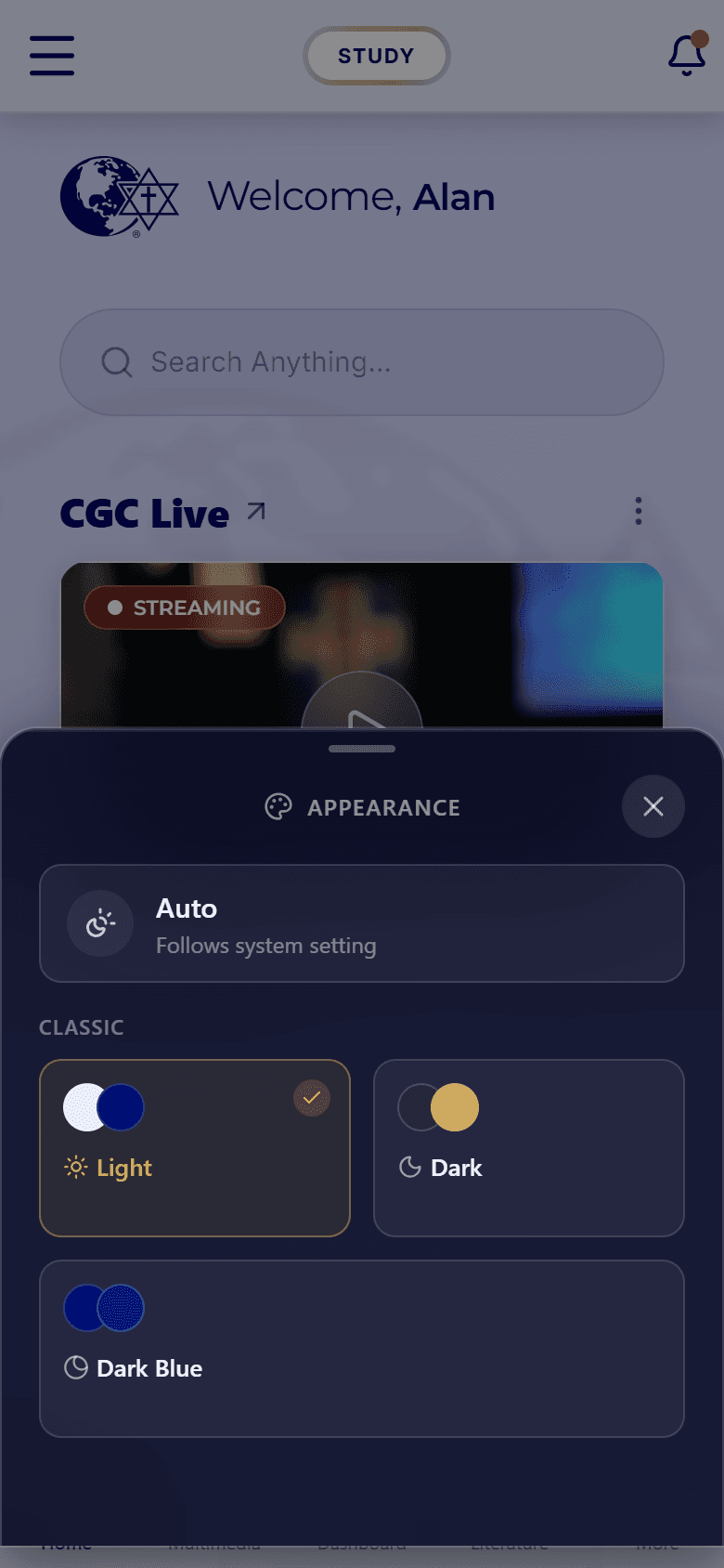 The Christ Gospel Church app Appearance bottom sheet open over the Home screen, showing the Auto option that follows the system setting, and Light, Dark, and Dark Blue theme cards, with Light currently selected.