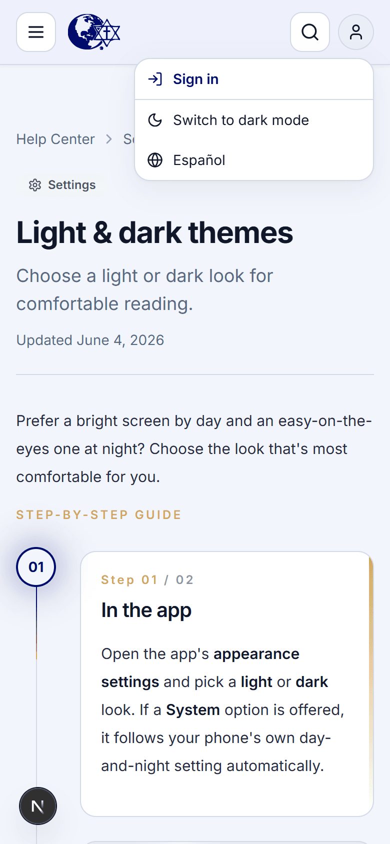 The Christ Gospel Church help center "Light & dark themes" article, showing the account-menu dropdown open with the Sign in, Switch to dark mode, and Español options.