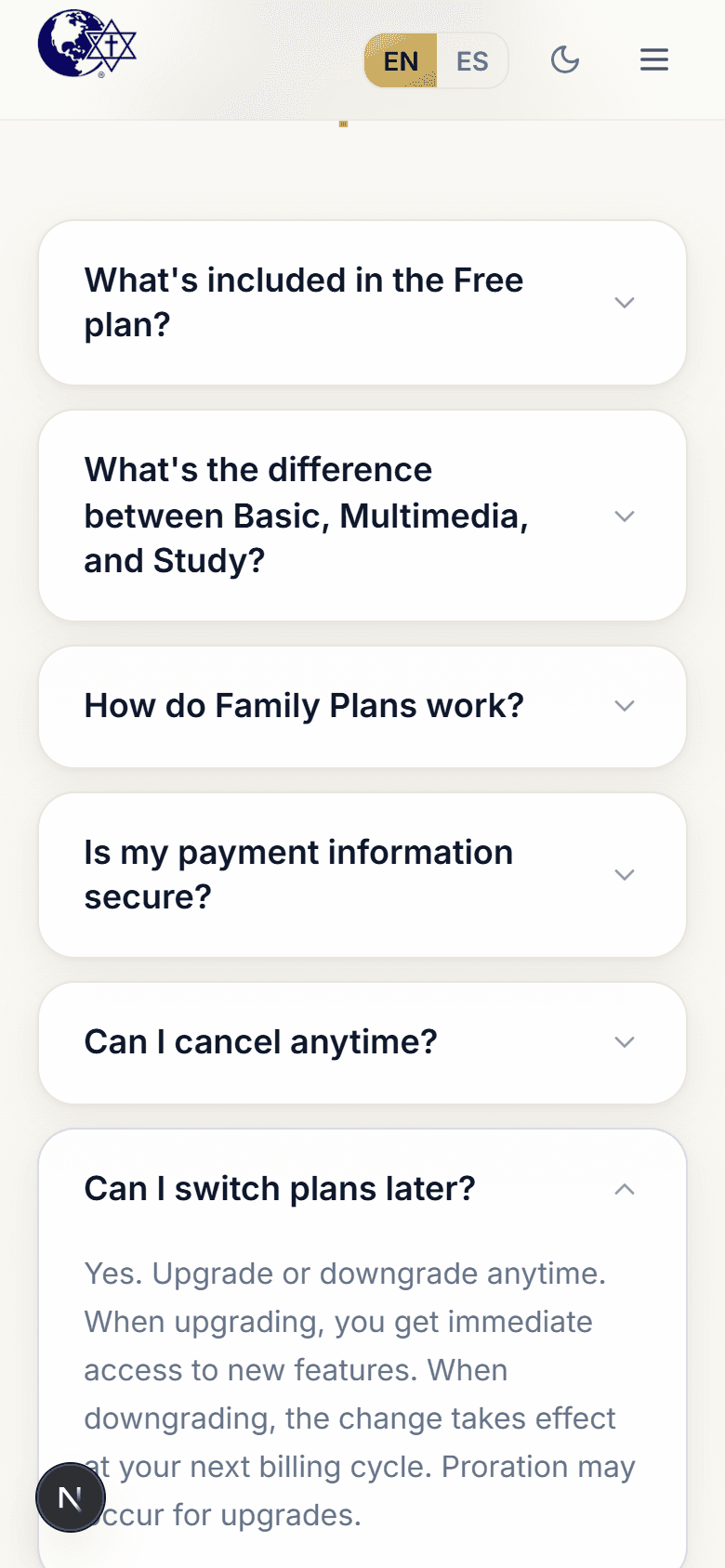 The Christ Gospel Church subscriptions site FAQ section, showing collapsed questions like "What's included in the Free plan?" and "Can I cancel anytime?" alongside the expanded "Can I switch plans later?" question with its answer about upgrading, downgrading, and proration visible below.