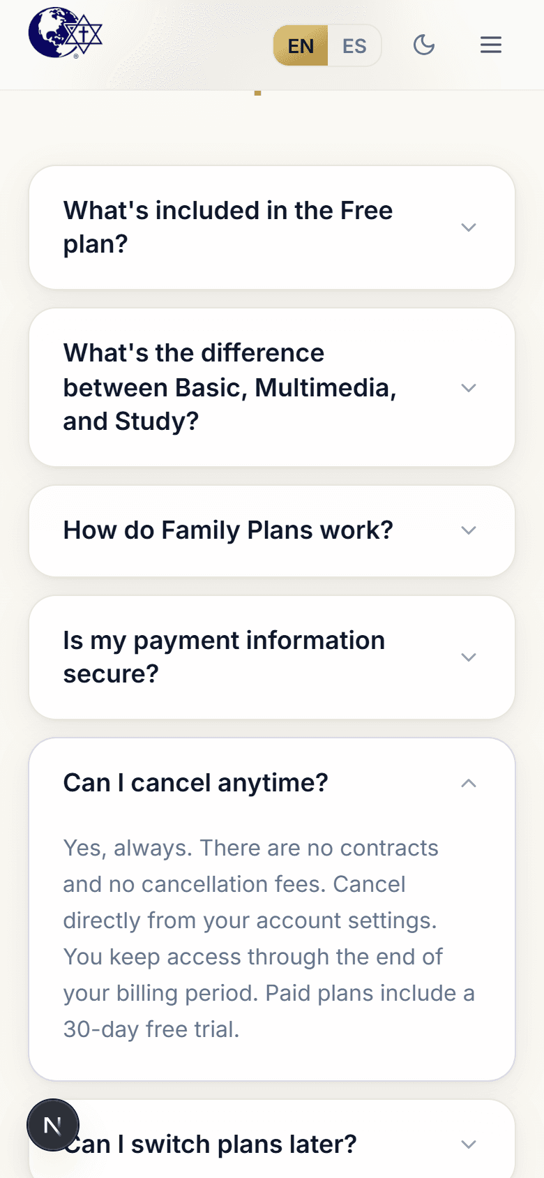 The Christ Gospel Church subscriptions site FAQ section, showing the "Can I cancel anytime?" question expanded with its answer explaining there are no contracts or cancellation fees and access continues through the end of the billing period.