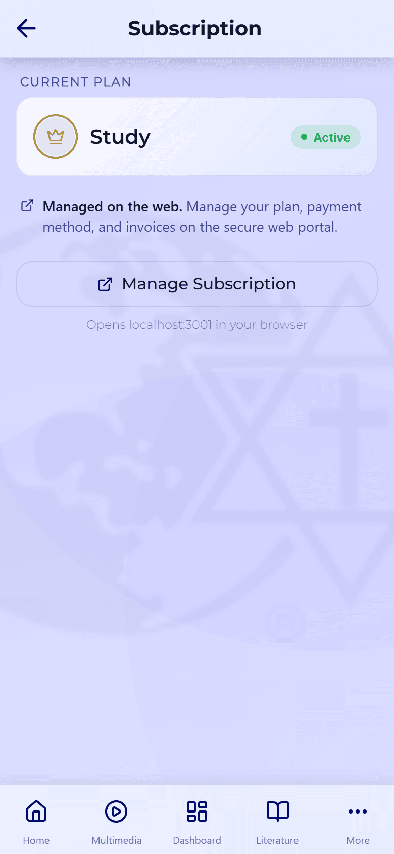 The Christ Gospel Church app Subscription screen, showing the Current Plan card for Study marked Active, the Manage Subscription button, and a note below it reading "Opens localhost:3001 in your browser".